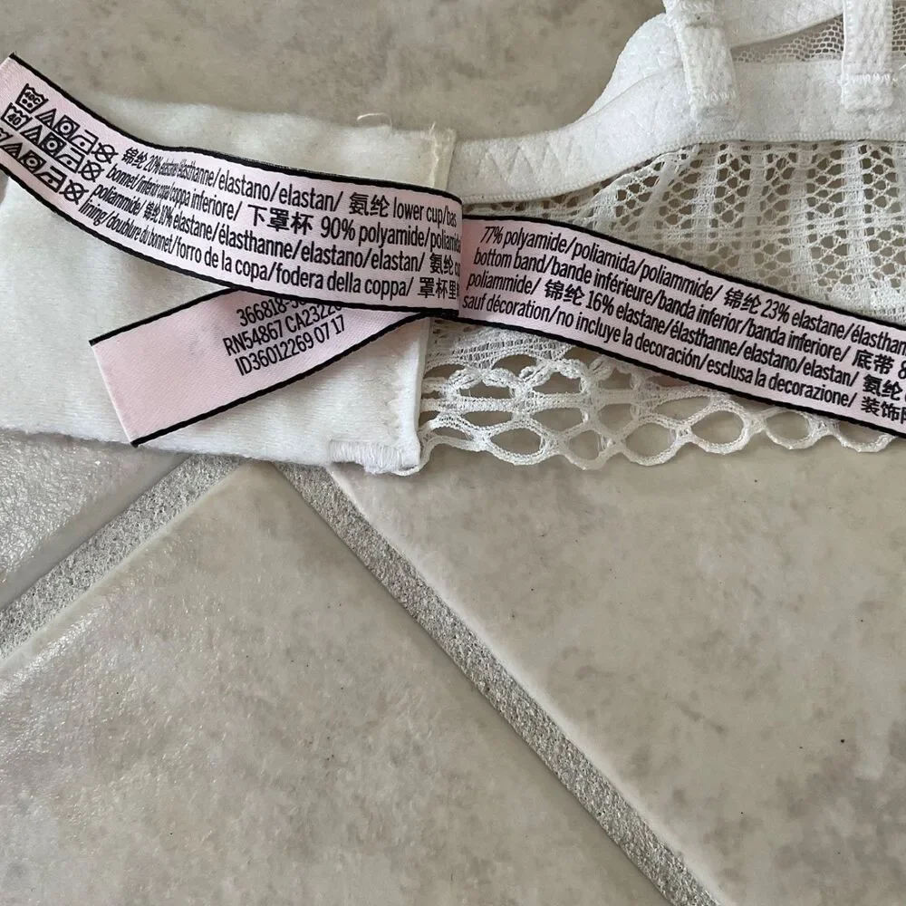 Victoria's Secret White Lace Swiss Dot Mesh Bralette Bra sz M No Wire No Padding